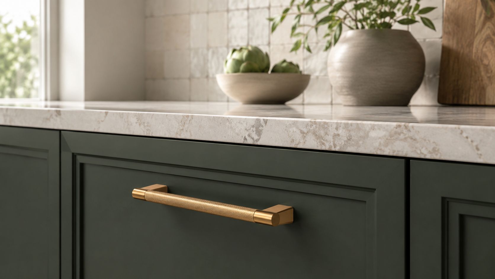 A close-up view of a matte green kitchen cabinet drawer with an elegant textured gold handle.