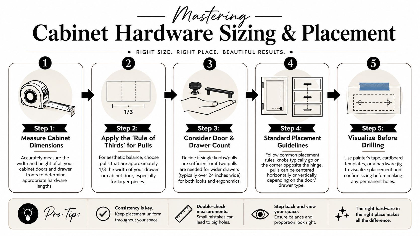 An infographic showing a five-step guide for sizing and placing hardware on kitchen cabinets and drawers.
