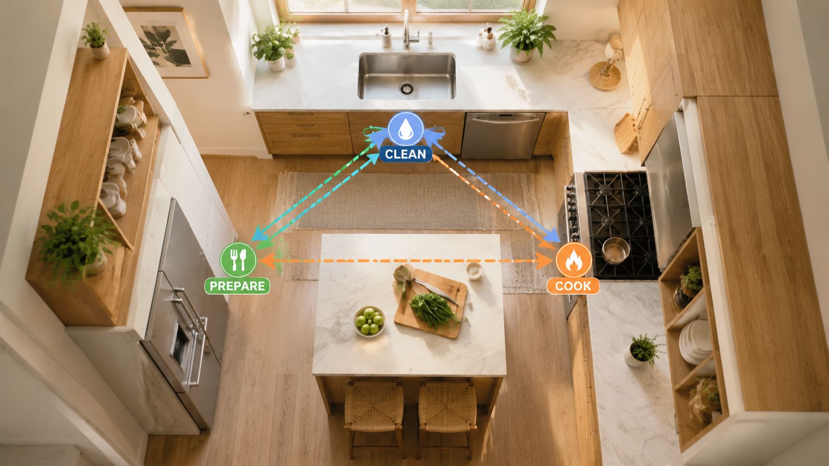 A high-angle view of a modern kitchen layout showing the golden triangle for efficient cooking workflows.