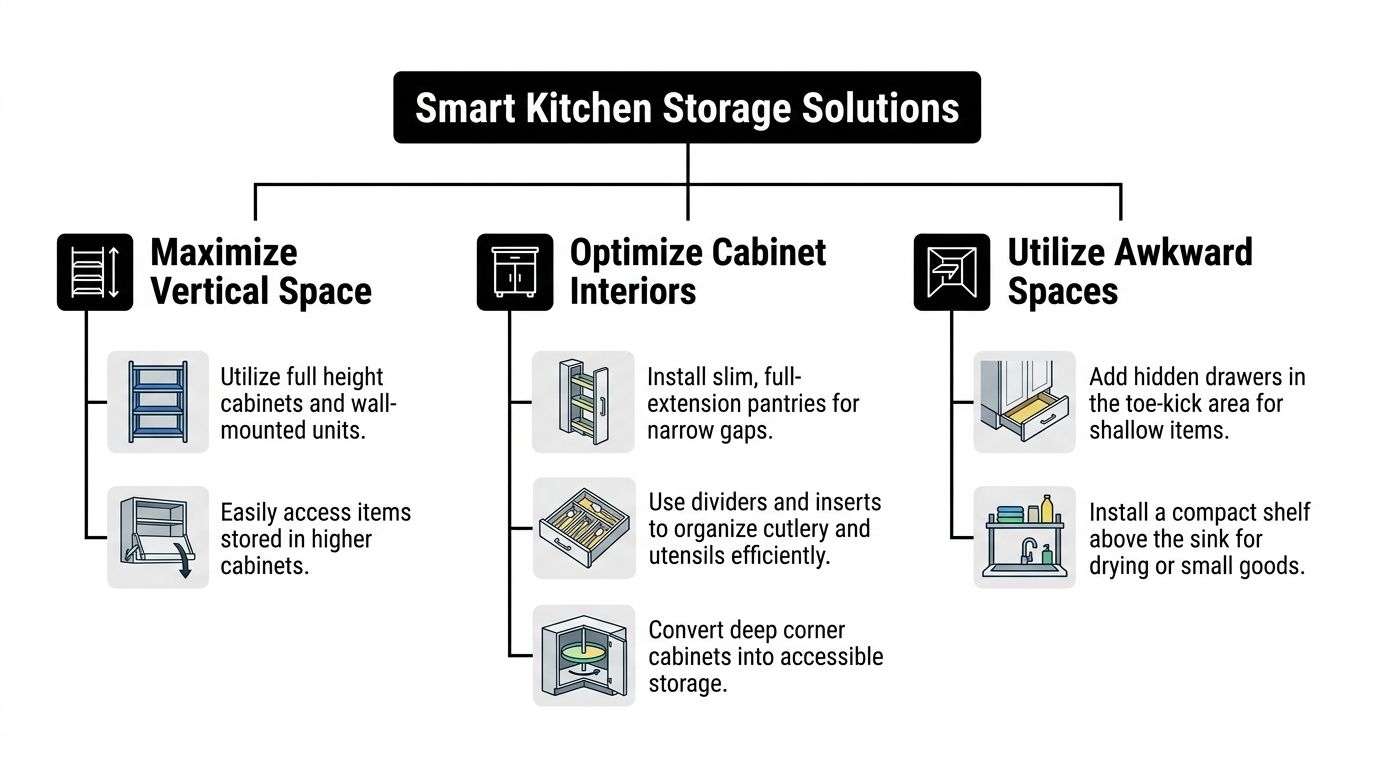 A diagram illustrating three strategies to maximize kitchen storage through vertical space, interior optimization, and utilizing awkward spaces.