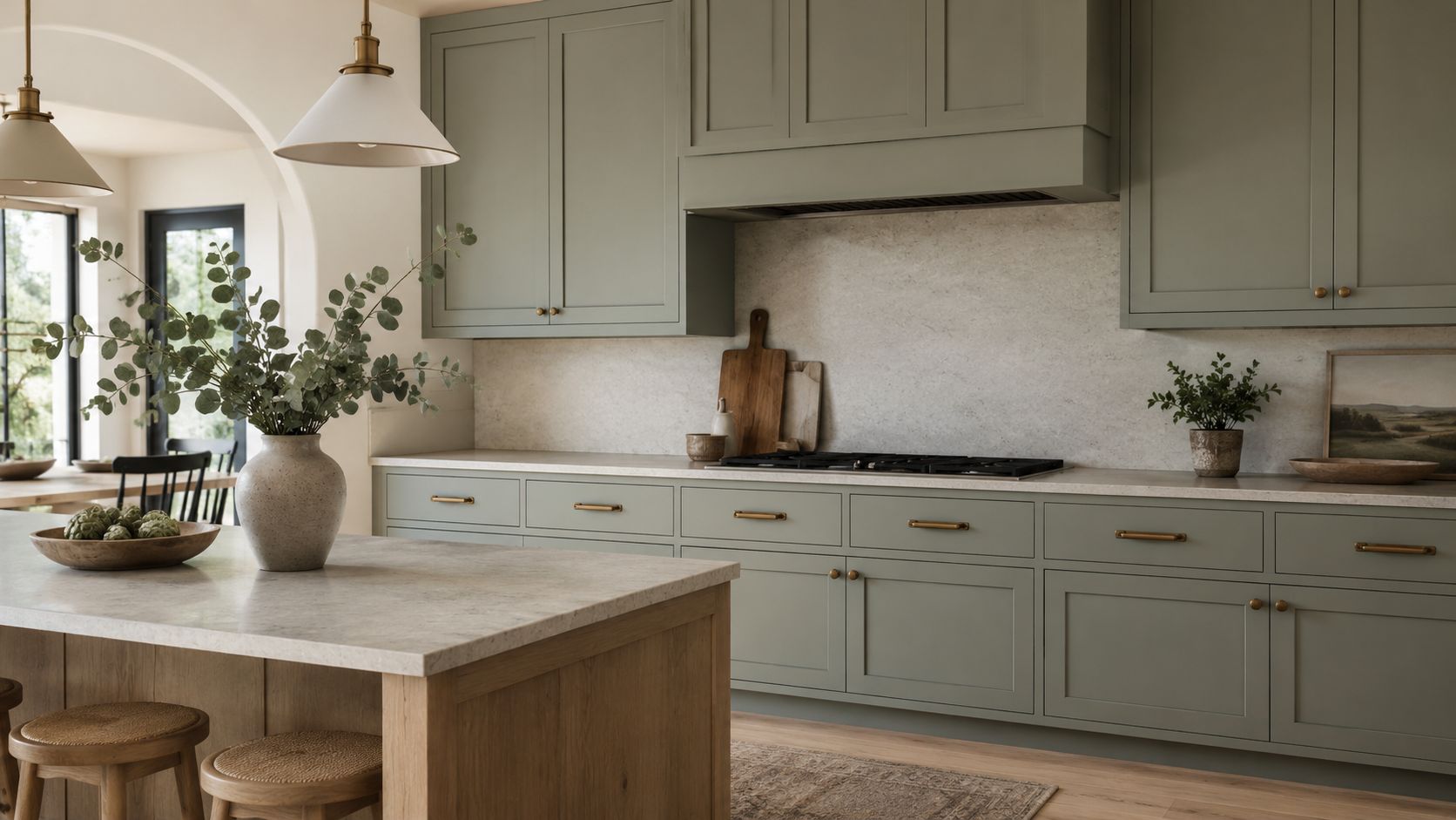 A modern kitchen featuring sage green shaker cabinets, a light stone countertop, and a wooden island centerpiece.