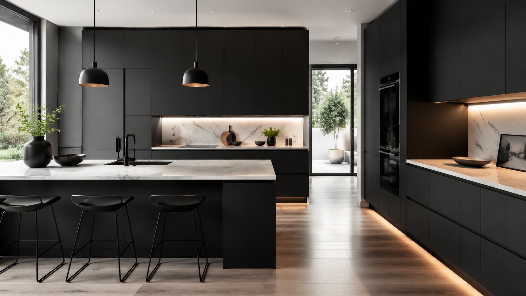 A modern minimalist kitchen featuring matte black cabinets, marble countertops, and warm ambient under-cabinet lighting.