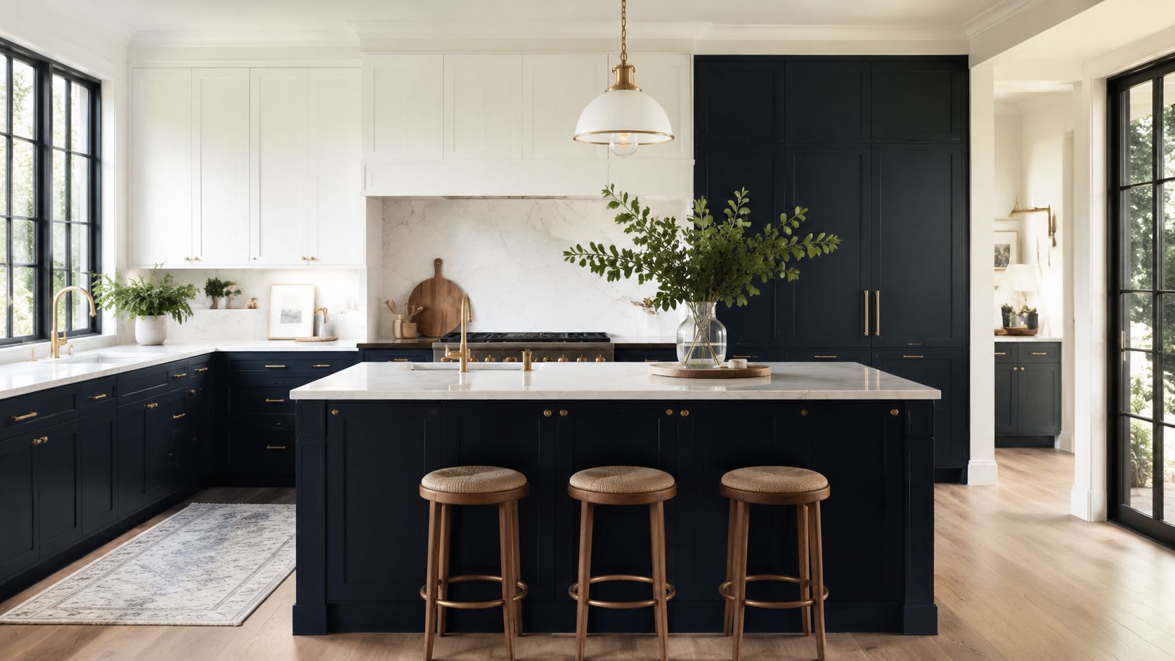 A modern kitchen featuring navy blue cabinets, a marble island, and gold hardware with white upper cabinets.