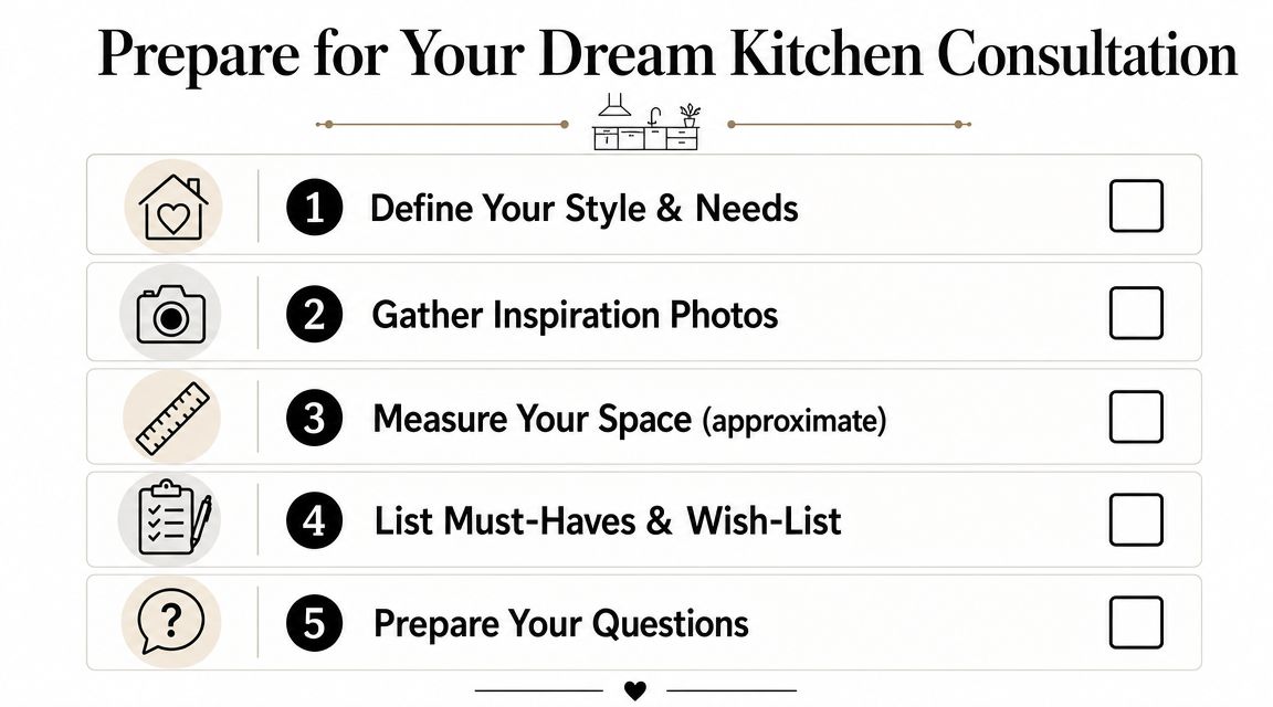 A checklist titled Prepare for Your Dream Kitchen Consultation with five numbered steps for renovation planning.