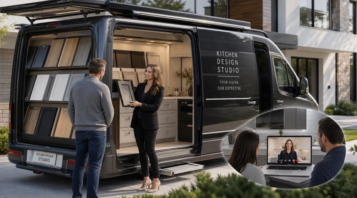 A professional kitchen designer consults with a client at a mobile kitchen design studio van showroom.