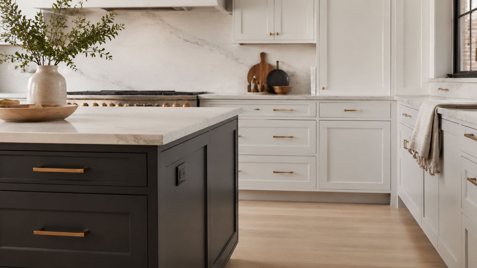A luxurious kitchen island with dark cabinetry and white marble countertops in a modern farmhouse style kitchen.