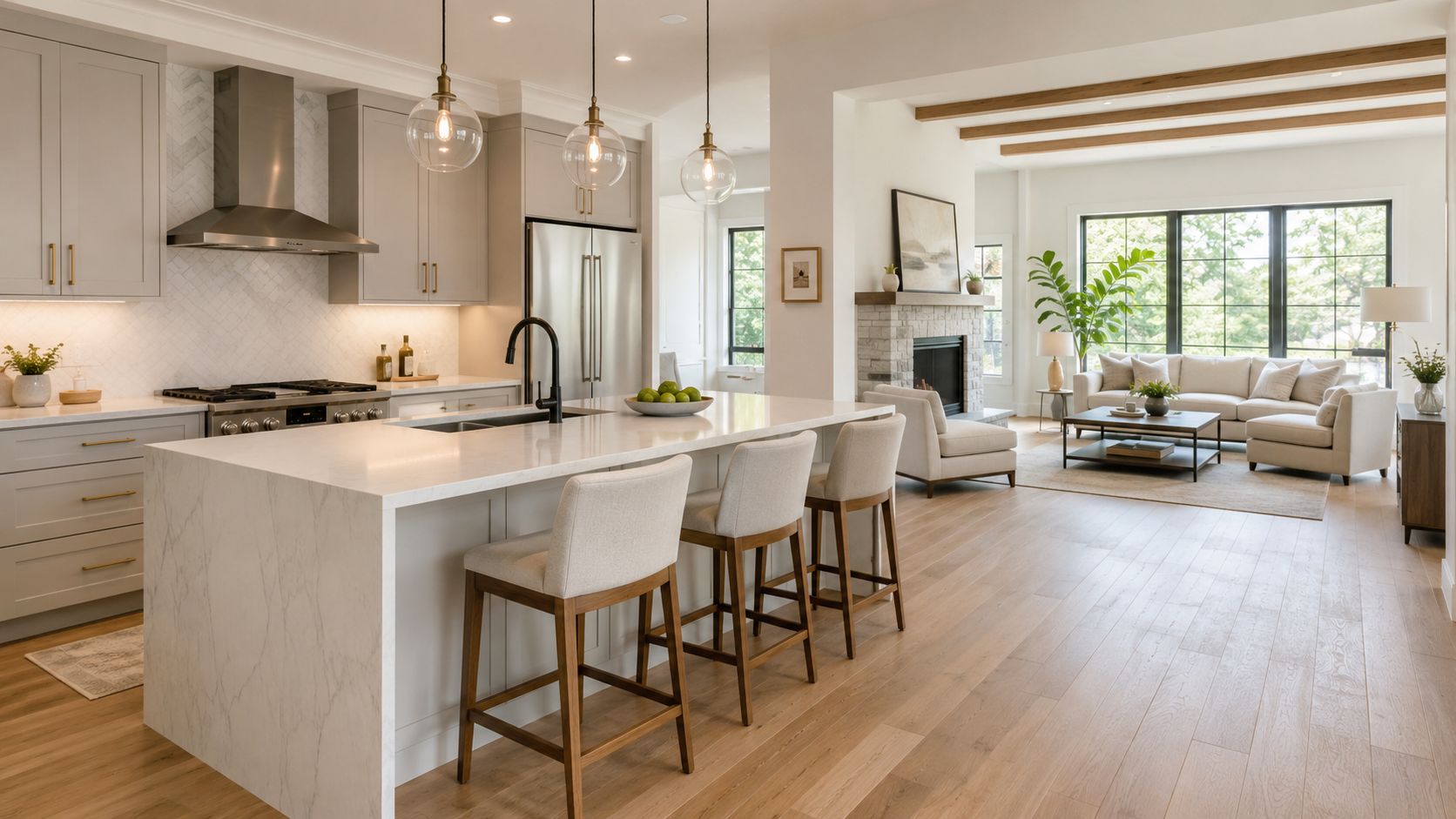 A modern, bright open-plan kitchen and living area featuring white marble countertops, wooden accents, and sophisticated decor.