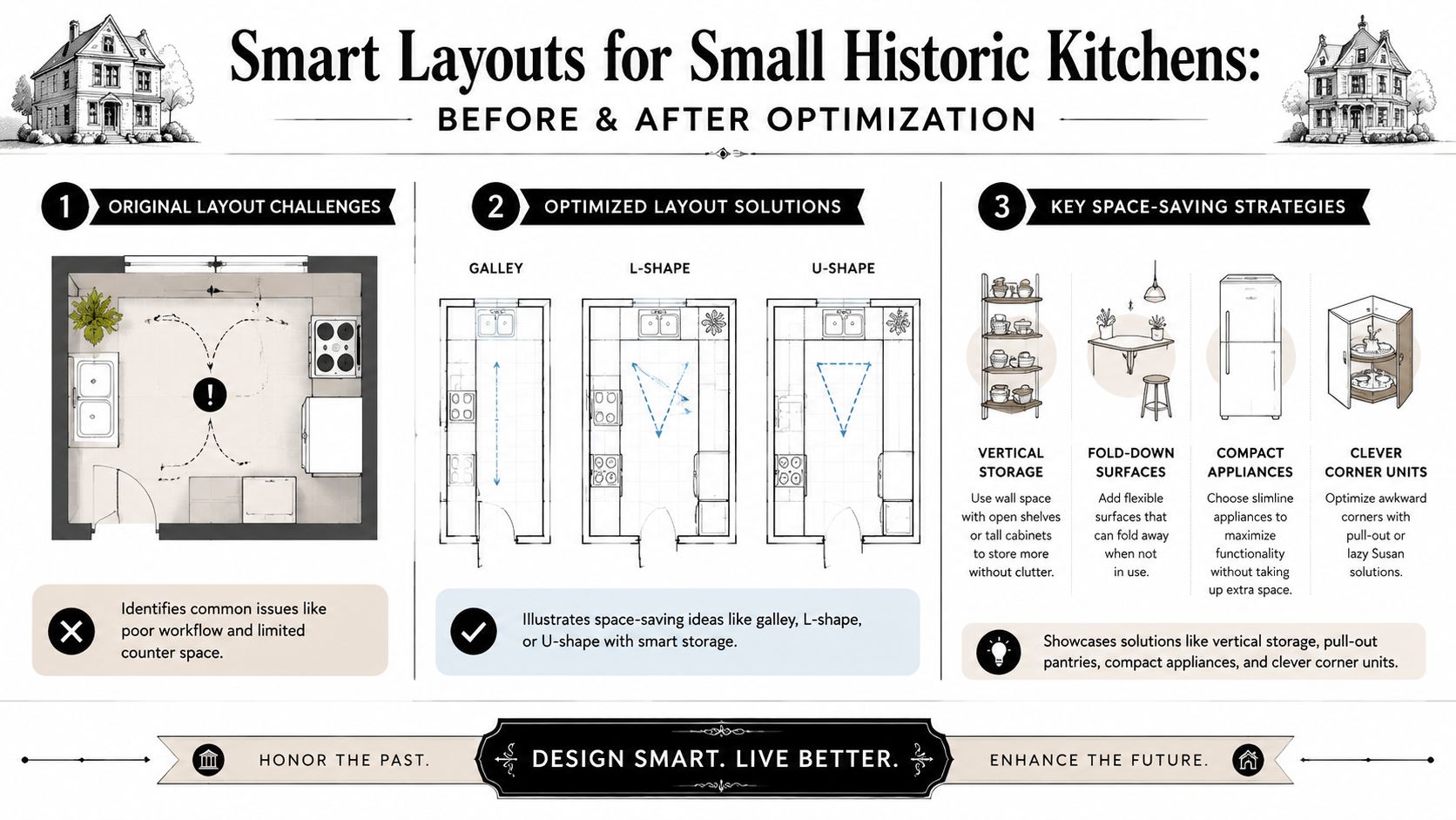 An infographic showing before and after layout designs for optimizing space in small historic kitchens.