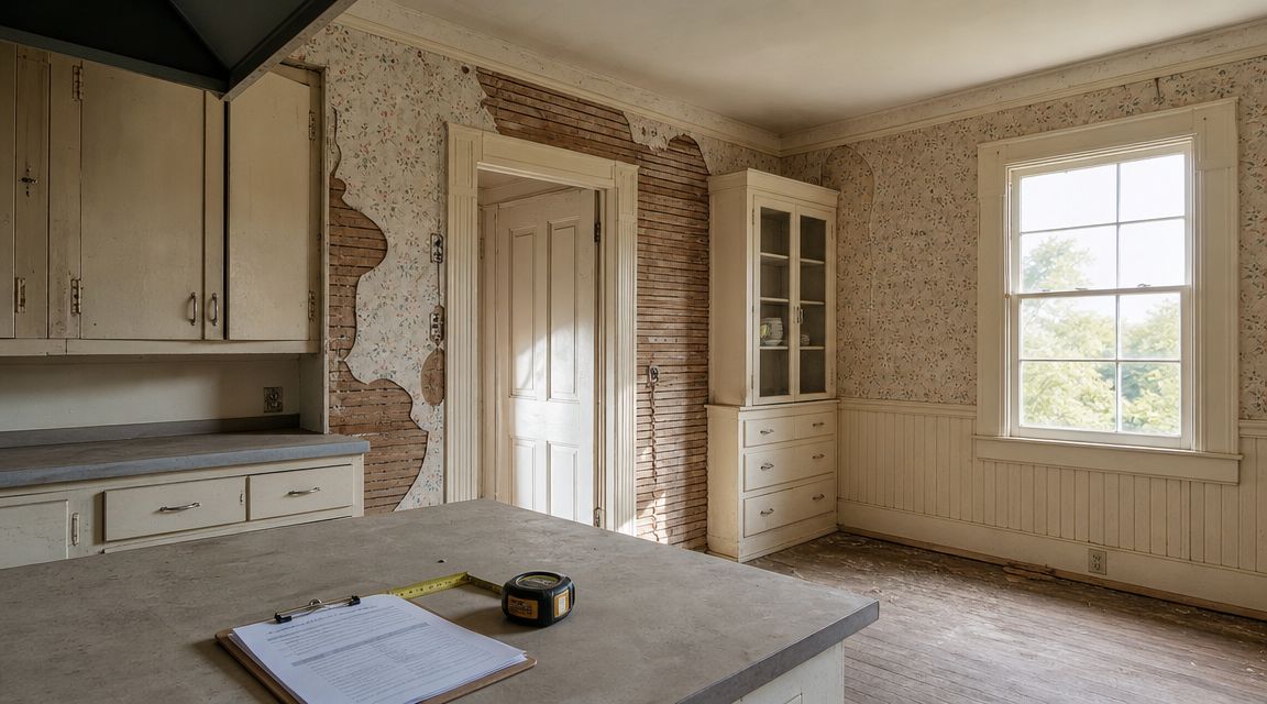 A rustic kitchen in an old house during a renovation with peeling wallpaper and exposed wooden lath.