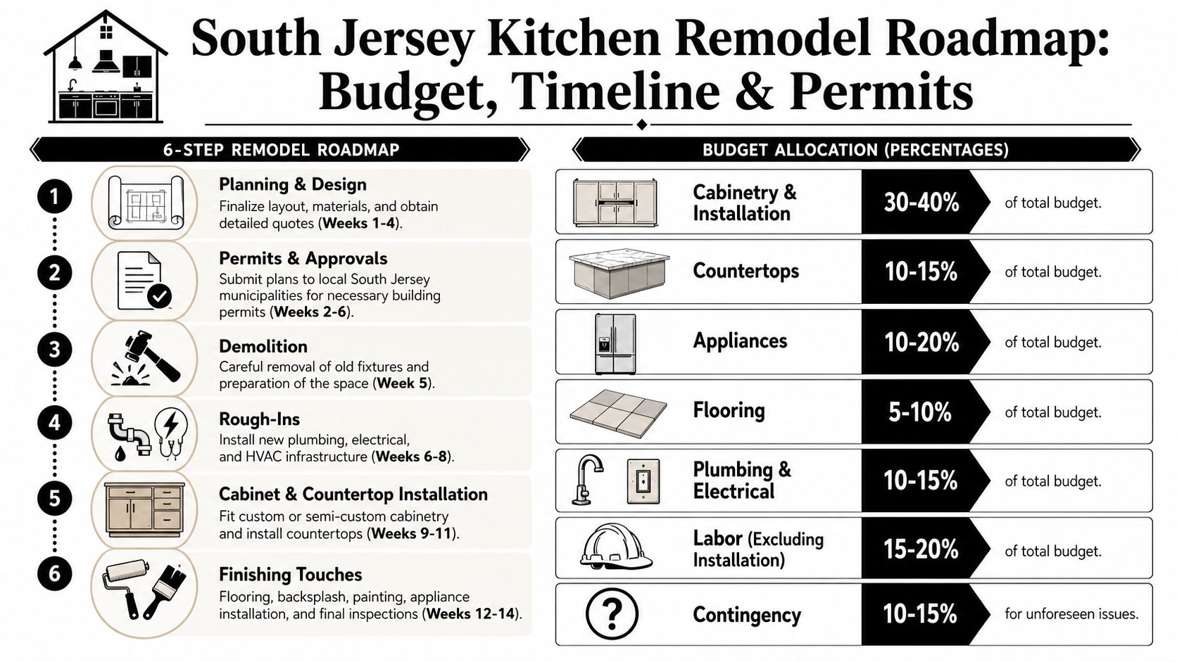 A step-by-step roadmap for a South Jersey kitchen remodel detailing timeline, permits, and budget allocation percentages.