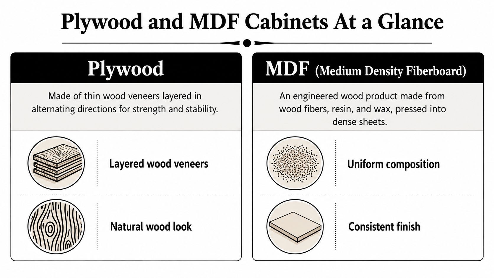 A comparison chart showing the differences between plywood and MDF materials for cabinet construction and properties.