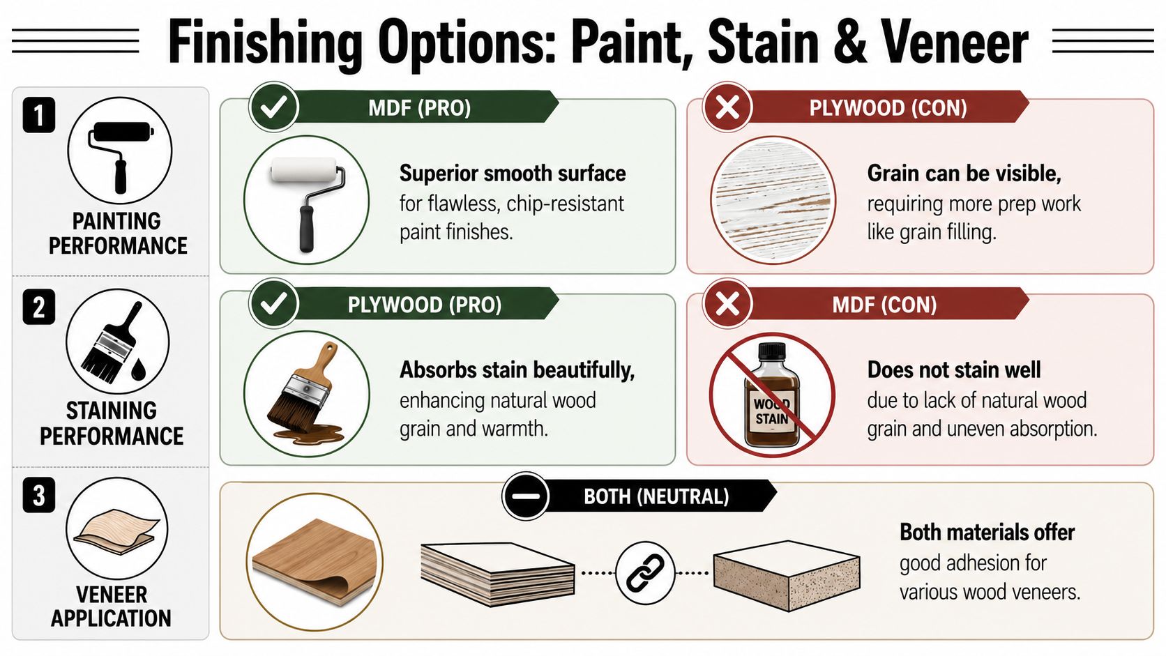 A comparison chart showing the finishing differences between MDF and plywood for painting, staining, and veneers.
