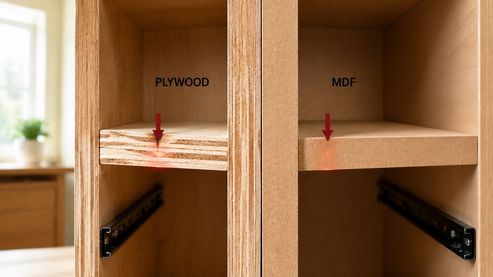A close-up view comparing the layered edges of plywood and the smooth, compressed texture of MDF shelving boards.