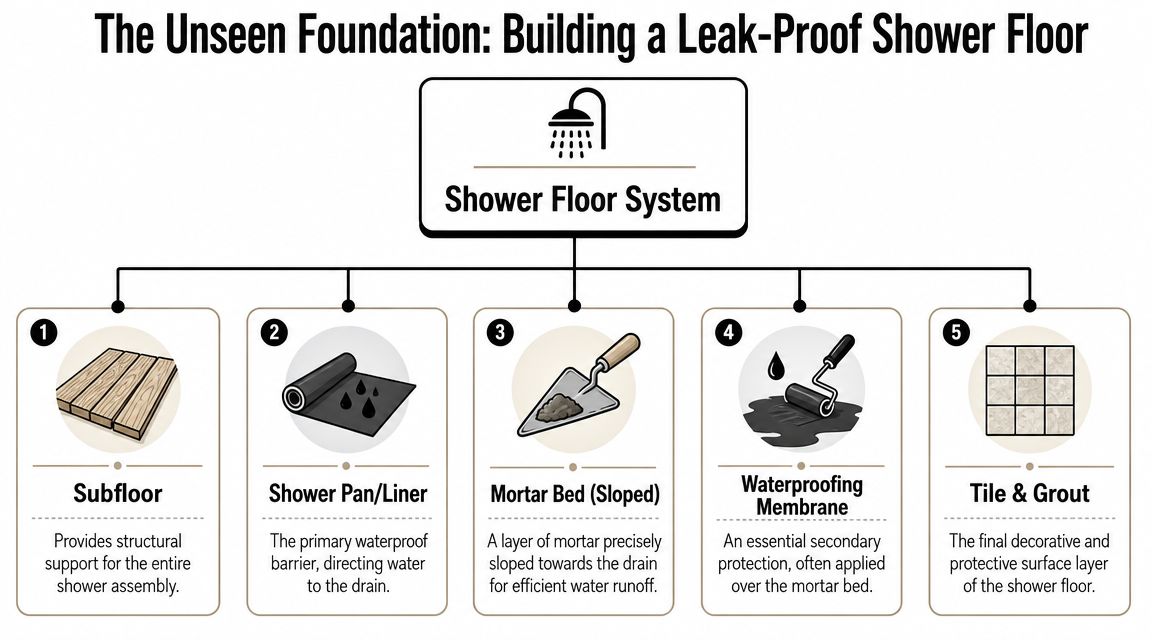 A diagram illustrating the five essential components for constructing a leak-proof and durable shower floor system.