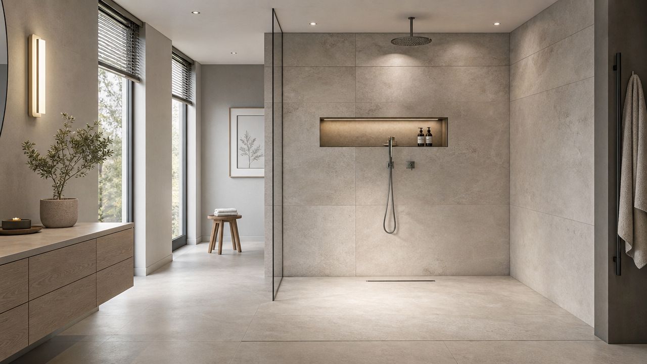 A modern minimalist bathroom featuring a large walk-in shower with stone walls, rain showerhead, and wooden vanity.