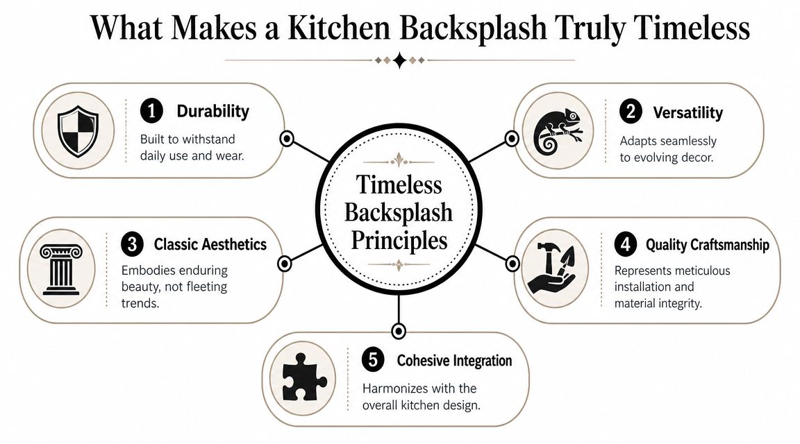 An infographic detailing five key principles for achieving a timeless and stylish kitchen backsplash design.
