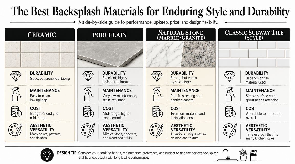 A comparison guide for kitchen backsplash materials showing durability, maintenance, cost, and design for four different options.