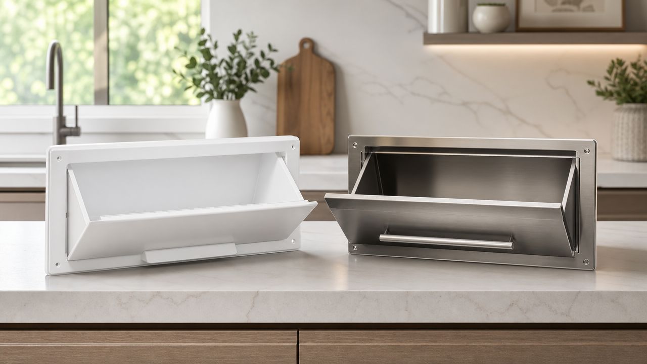 A white plastic tip out tray and a stainless steel tip out tray on a kitchen counter.