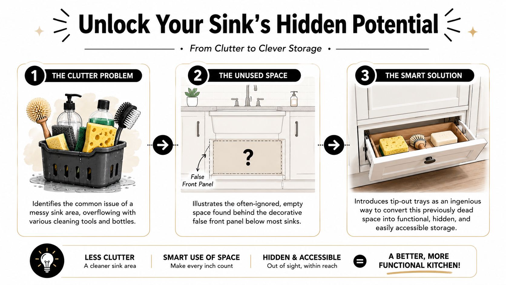 A diagram demonstrating how to install tip-out trays to utilize unused space behind kitchen sink panels.