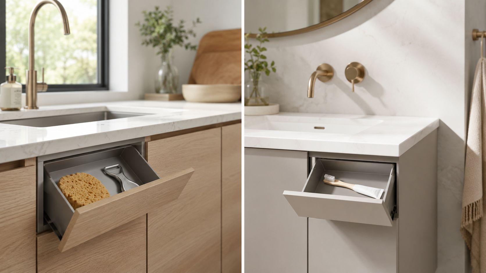 Two side-by-side views of custom tip out trays integrated into modern kitchen and bathroom sink cabinets.