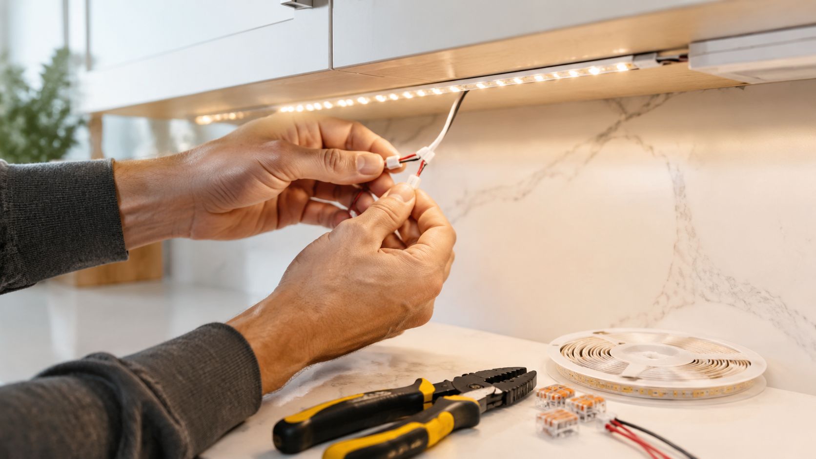 A person installing LED under cabinet lighting by connecting small electrical wires in a modern kitchen.