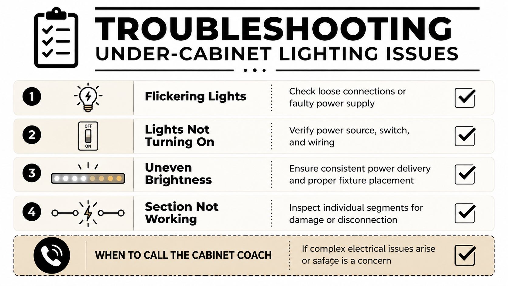 A troubleshooting checklist for fixing common under-cabinet lighting issues like flickering, power loss, and uneven brightness.