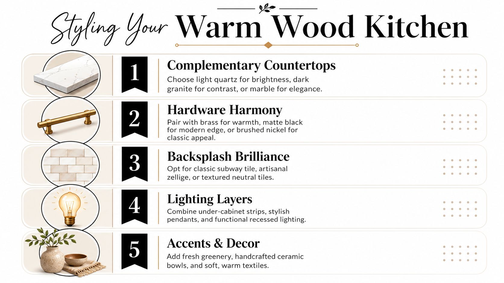 A five-step guide for styling a kitchen featuring warm wood cabinets with design tips and imagery.