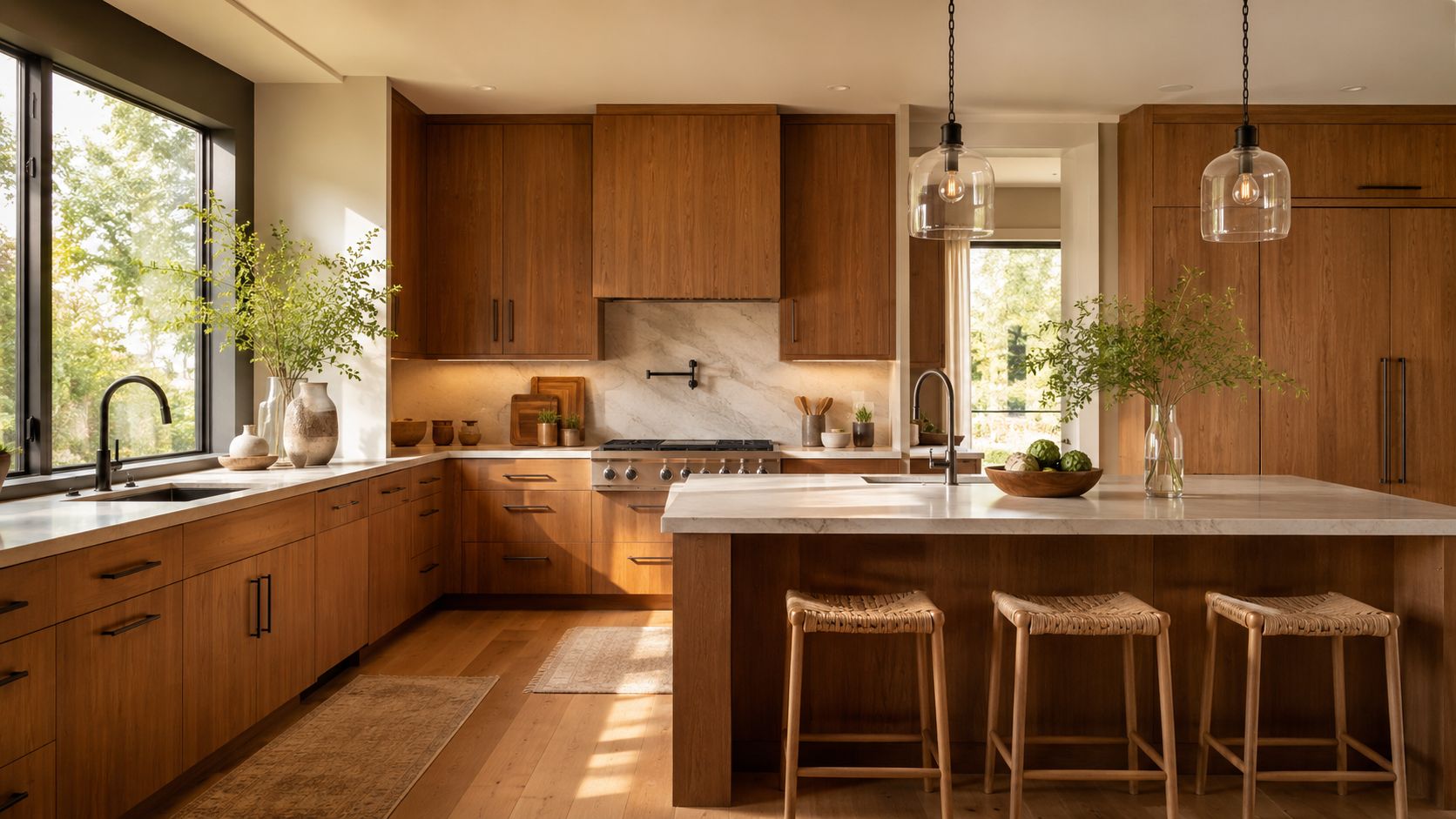 A modern kitchen interior featuring warm wooden cabinetry, marble countertops, pendant lighting, and three woven bar stools.