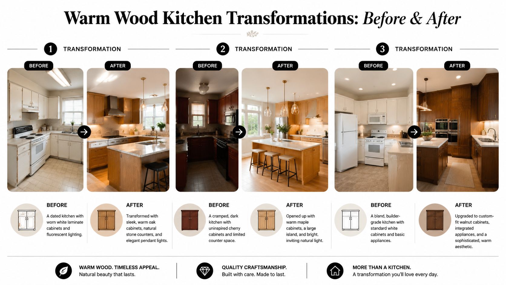 A comparison showing three different kitchen remodeling projects featuring warm wood cabinetry and modern design updates.