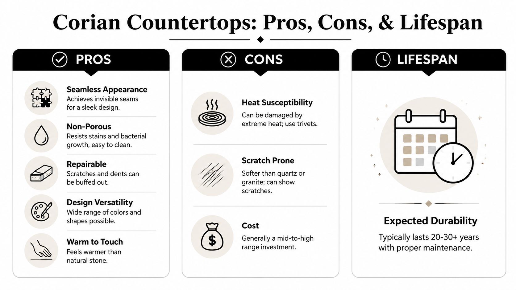 An infographic detailing the pros, cons, and expected 20-30 year lifespan of Corian countertop materials.