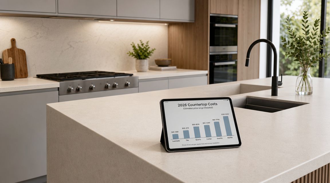 A tablet on a modern kitchen counter displaying a bar chart comparing 2026 countertop installation material costs.
