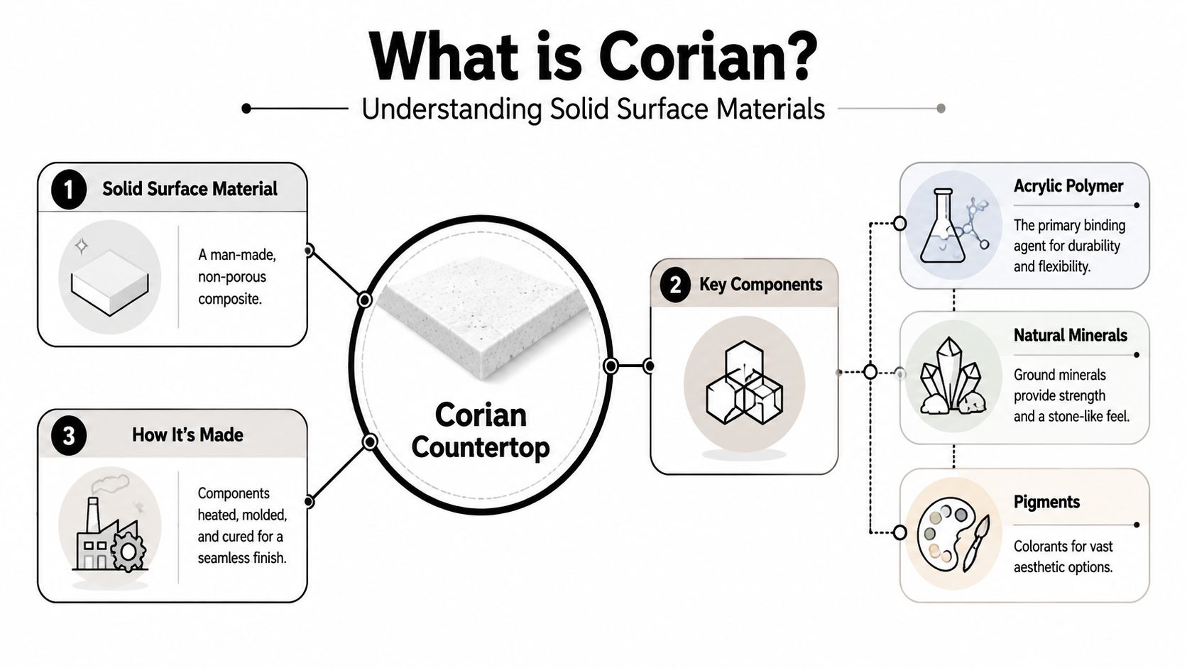 An infographic explaining what Corian is, highlighting its composition, key ingredients, and the manufacturing process.