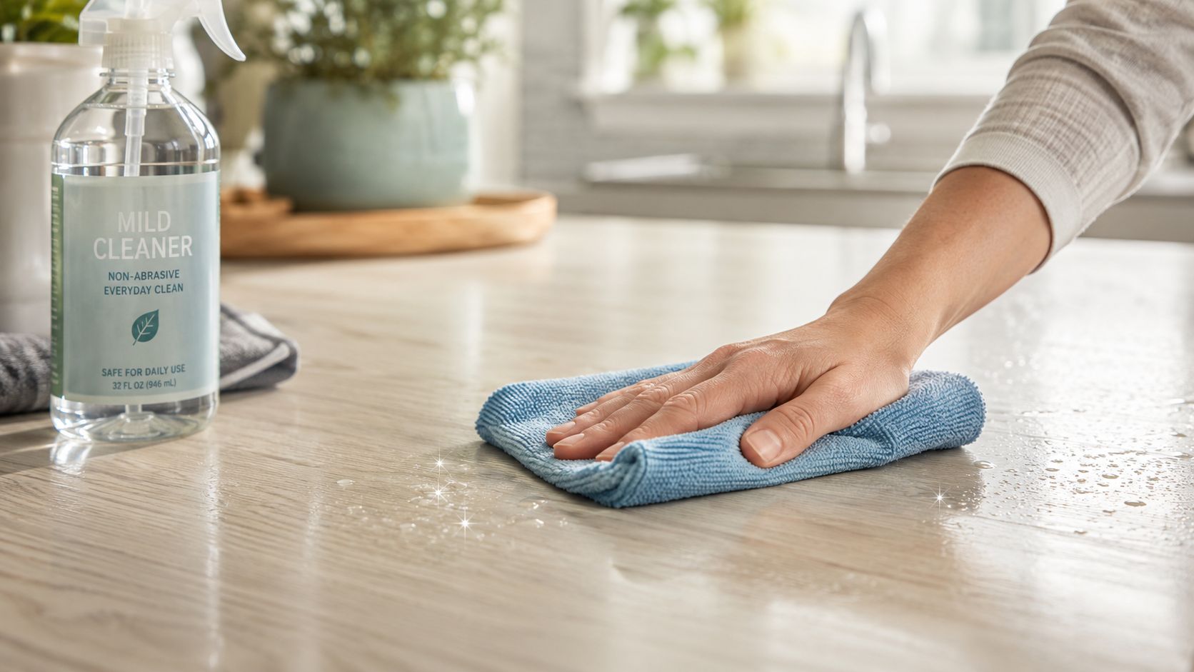 A hand wipes down a light-colored wood-patterned countertop using a blue microfiber cloth and mild cleaner.