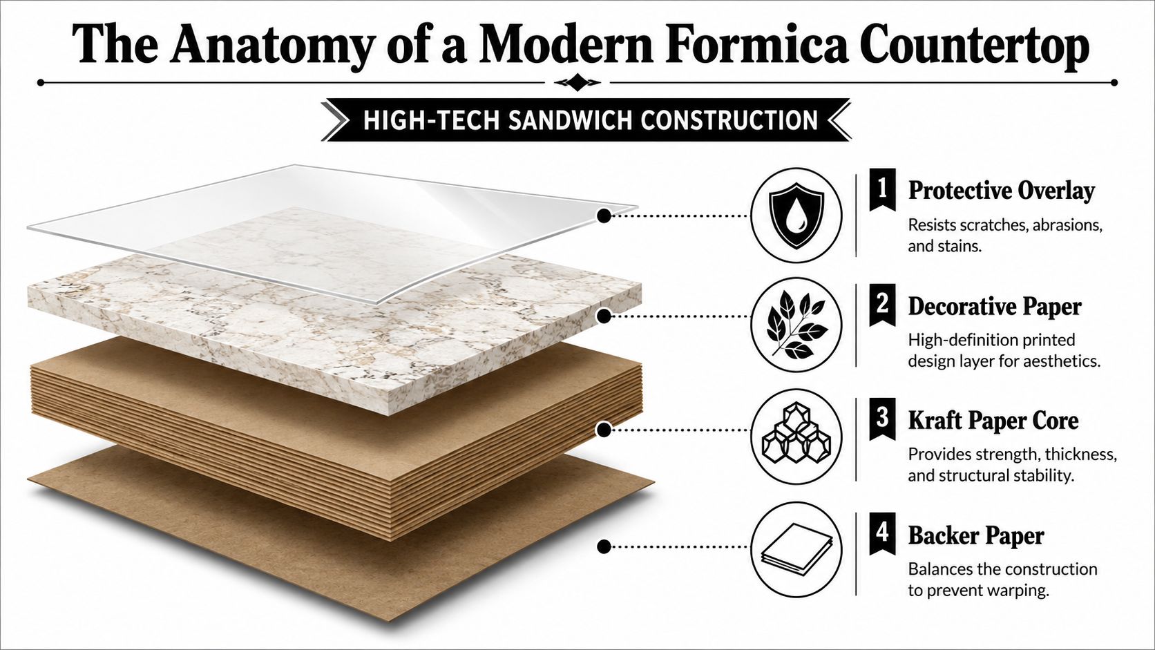 An infographic illustrating the four layers of a modern Formica countertop construction with descriptive labels.