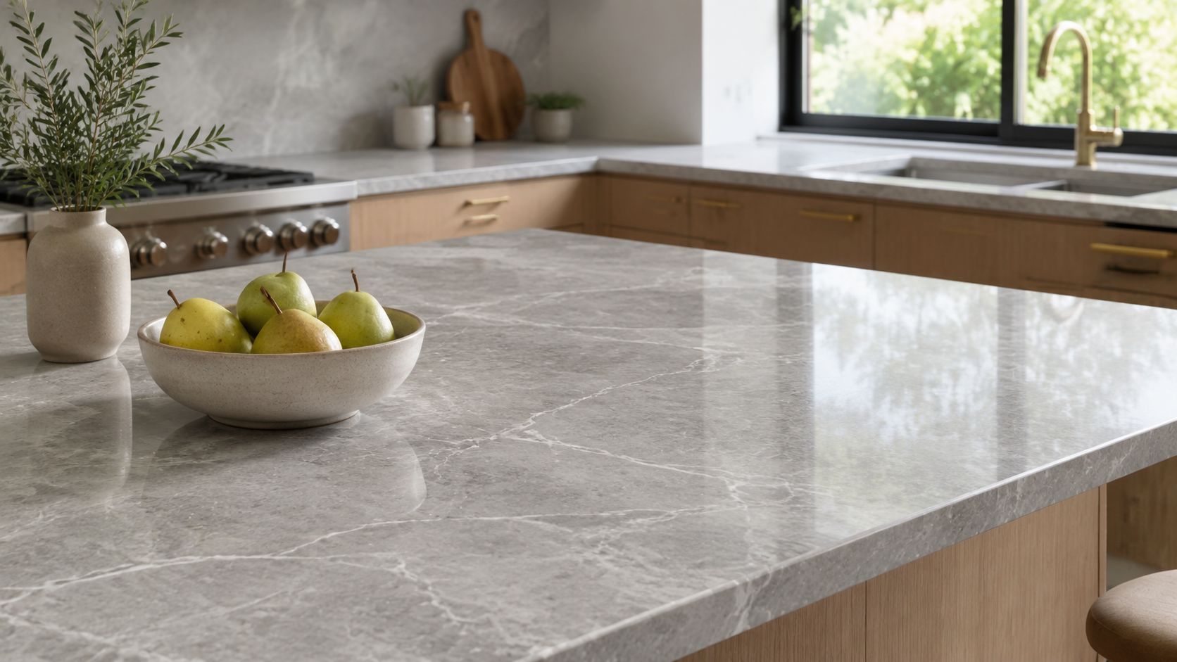 A modern kitchen island featuring elegant grey veined marble countertops with a bowl of fresh green pears.