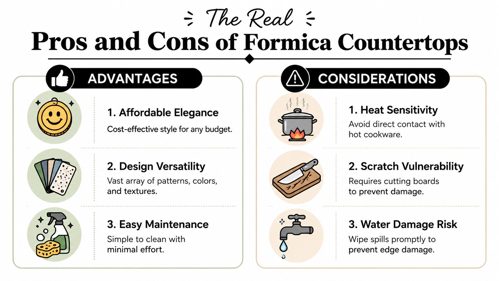 An infographic titled The Real Pros and Cons of Formica Countertops showing advantages and considerations.