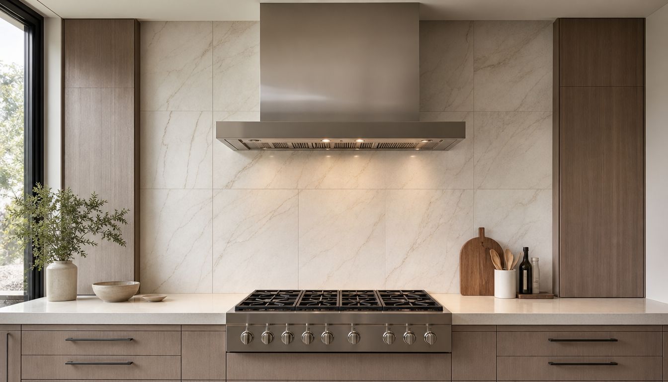 A modern kitchen featuring a stainless steel stove, range hood, and a marble tile backsplash design.