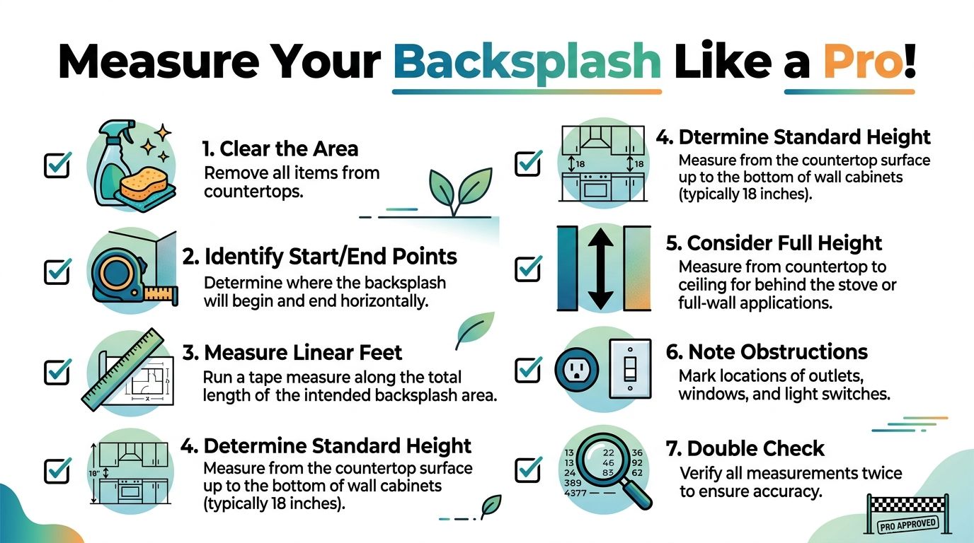 An infographic titled Measure Your Backsplash Like a Pro with seven numbered steps for home improvement measurement.