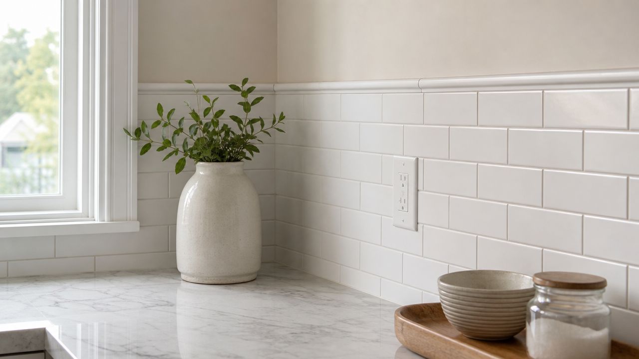 A clean white subway tile backsplash installed in a kitchen with marble countertops and decorative items.