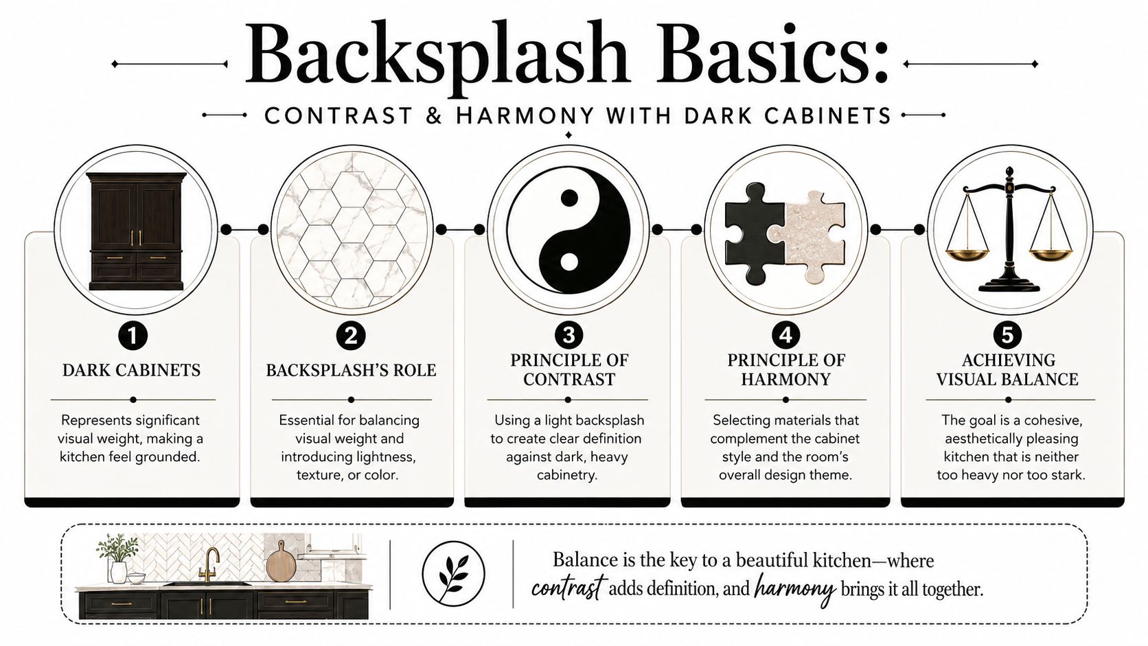 An infographic illustrating five design principles for balancing backsplashes with dark kitchen cabinets for aesthetic harmony.