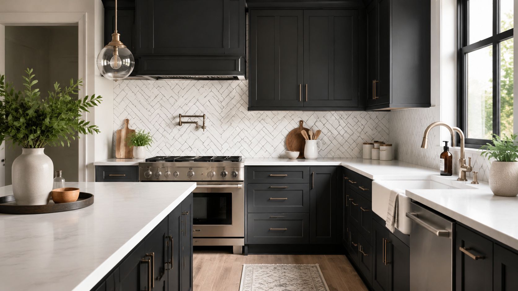 A modern kitchen interior featuring black cabinetry, white marble countertops, and a white herringbone patterned backsplash.