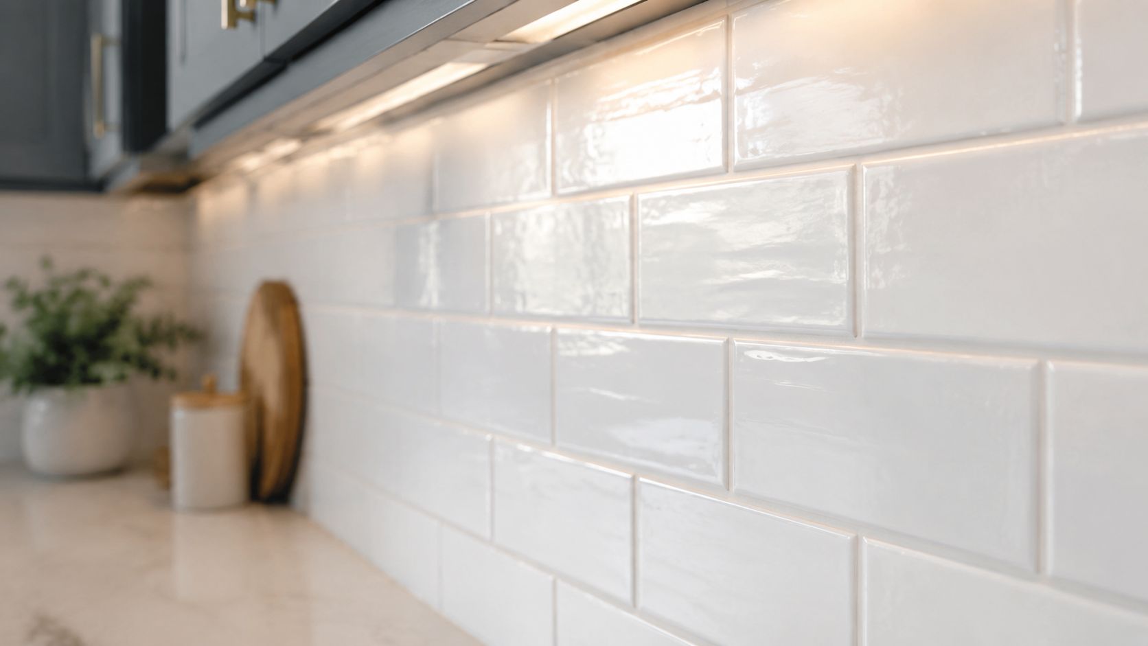 A close-up of glossy white subway tiles on a kitchen backsplash under dark cabinetry with warm lighting.