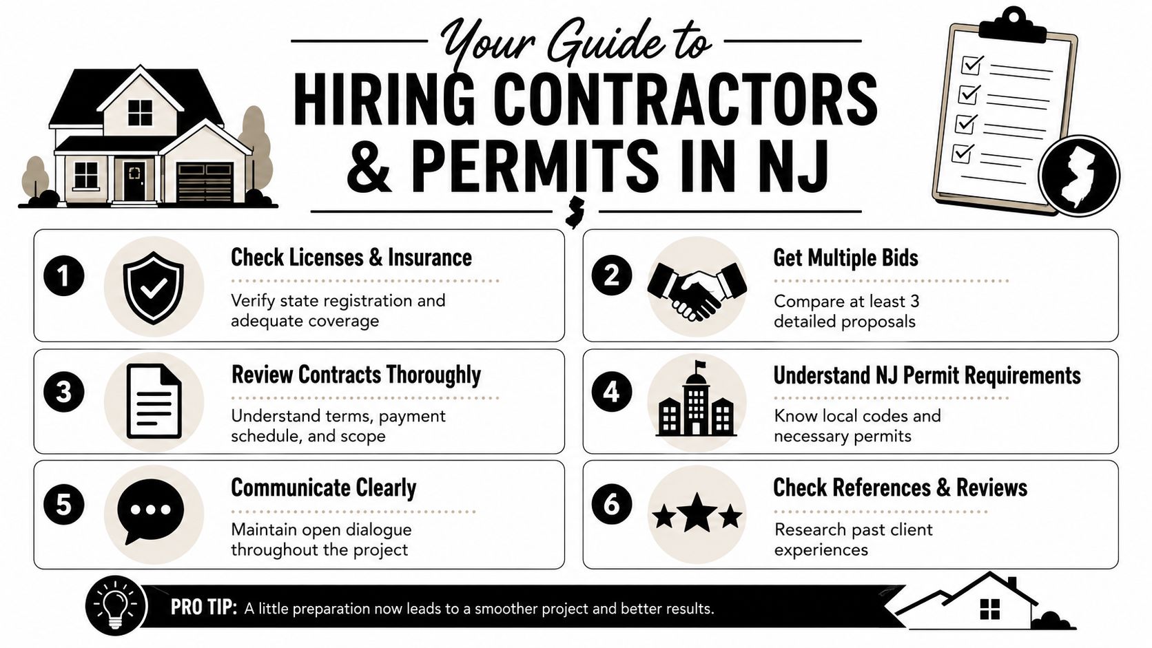 A helpful infographic guide outlining six essential steps for hiring contractors and obtaining permits in New Jersey.