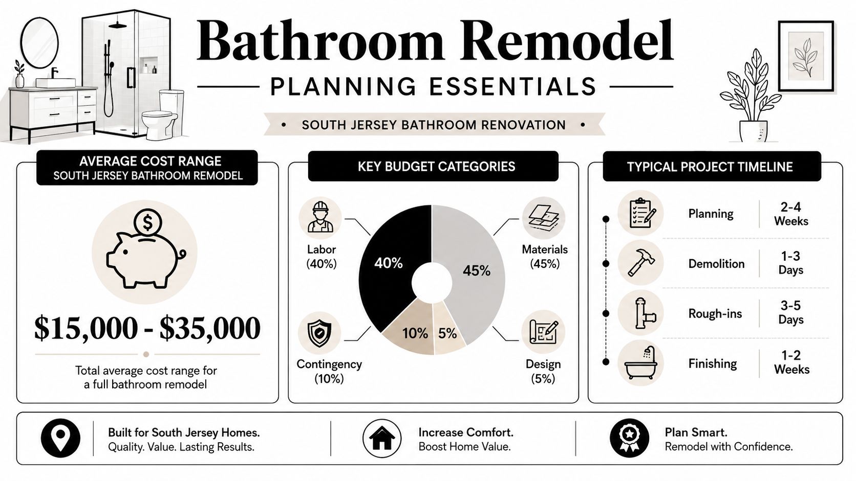 An infographic showing the costs, budget breakdown, and timeline for a professional bathroom remodel in South Jersey.