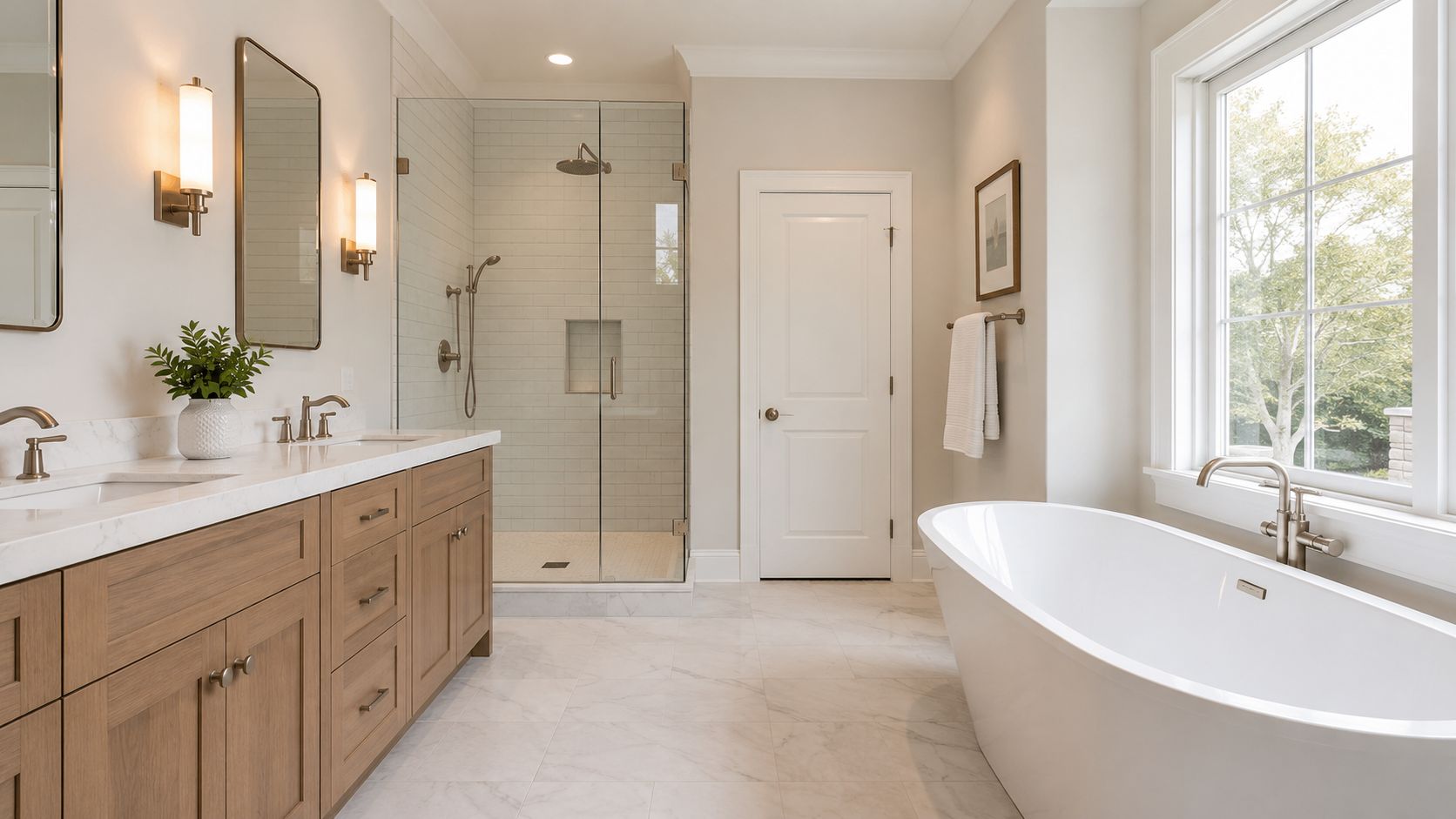 A modern, bright master bathroom remodel featuring wood vanity cabinets, a freestanding soaking tub, and walk-in shower.