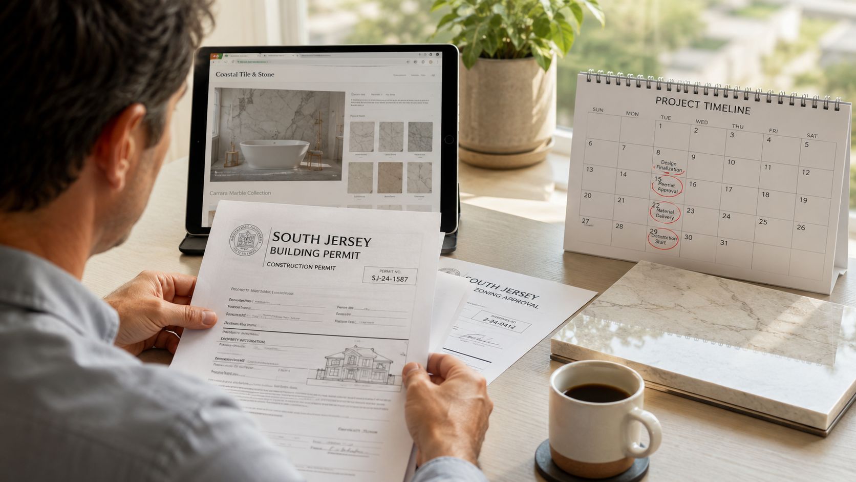 A man reviewing bathroom renovation building permits and project timeline at a desk with a coffee mug.