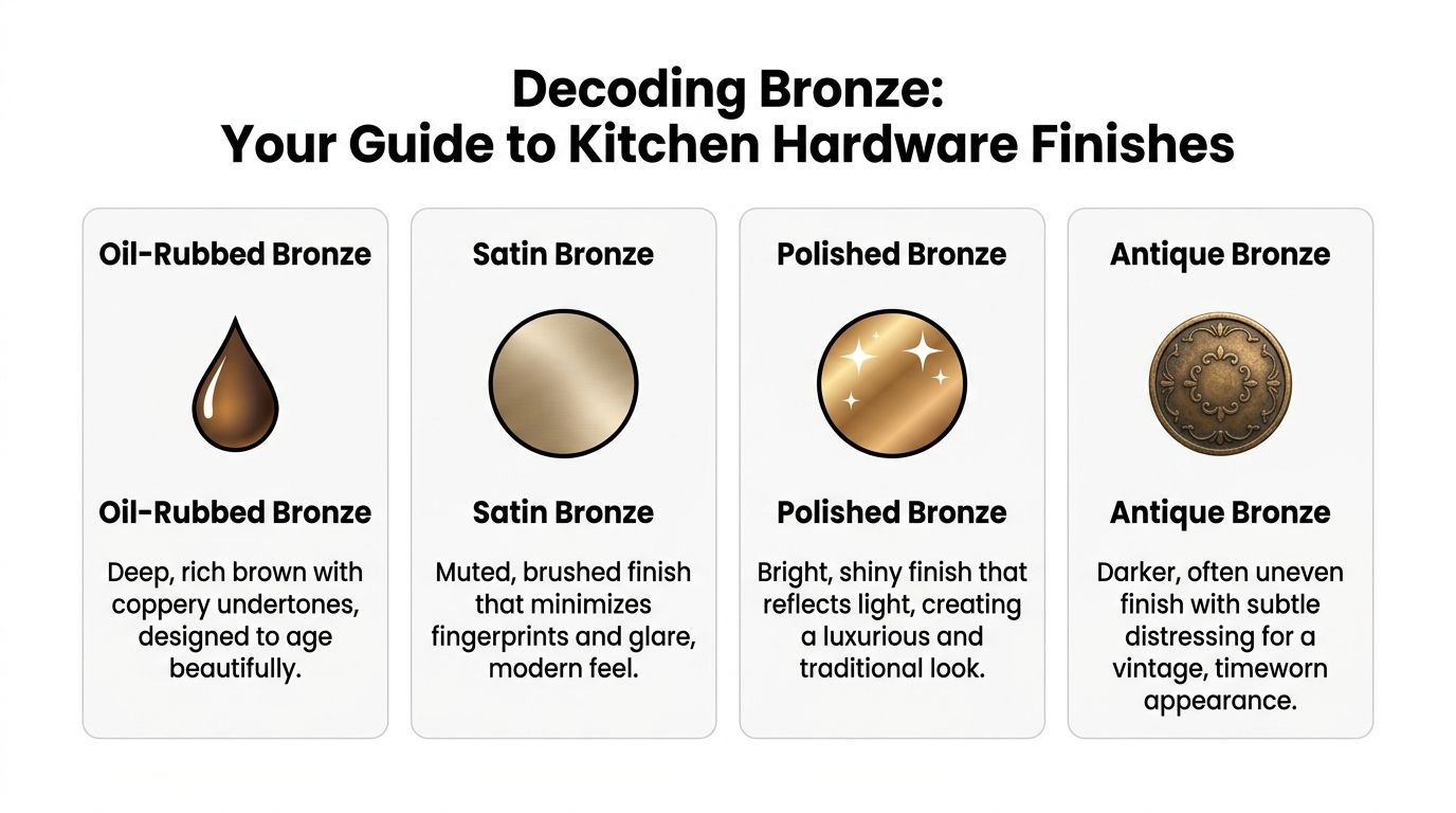 A visual guide comparing different kitchen hardware finishes including oil-rubbed, satin, polished, and antique bronze.