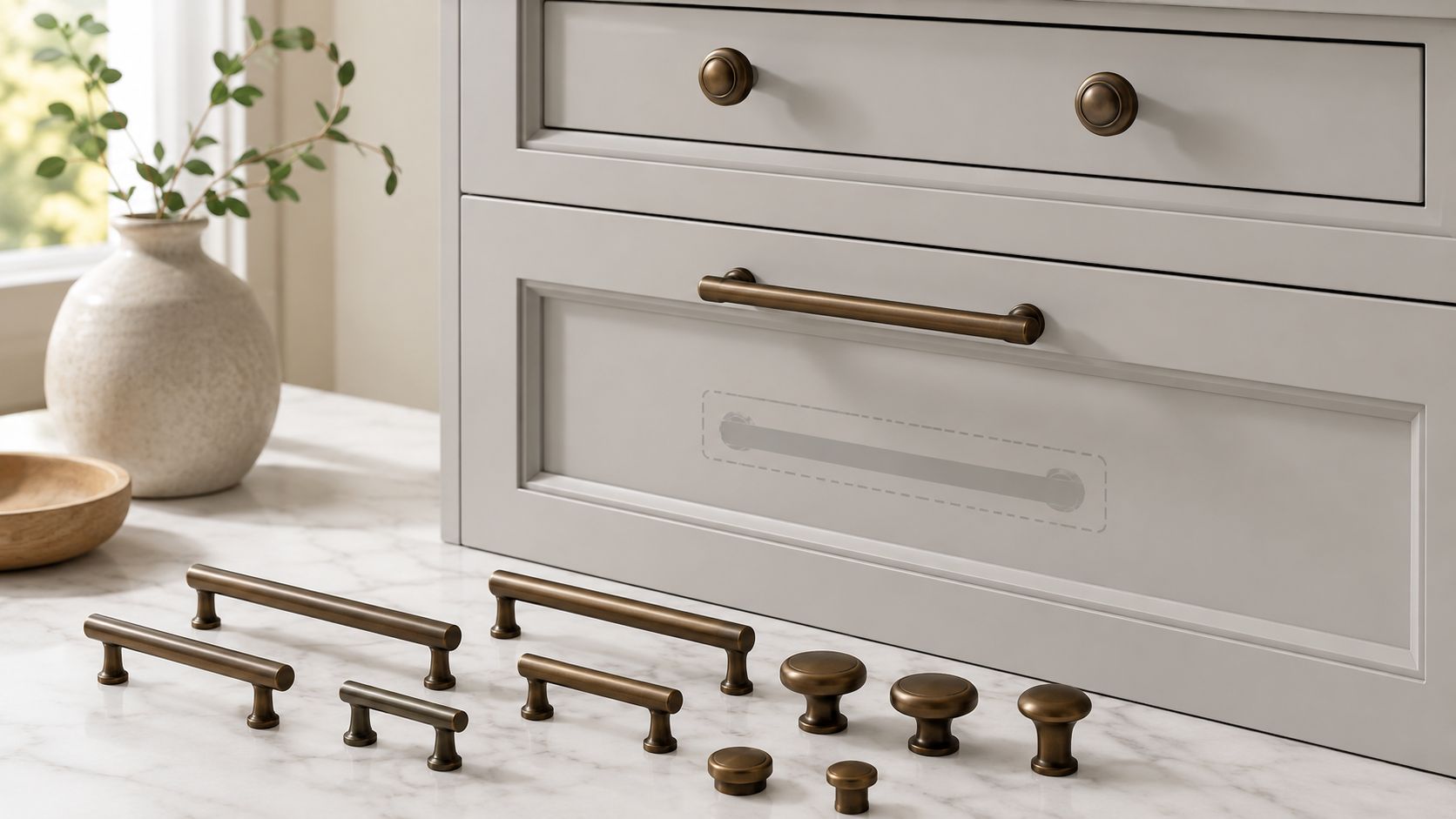 A collection of bronze kitchen cabinet handles and knobs arranged on a marble countertop before grey drawers.