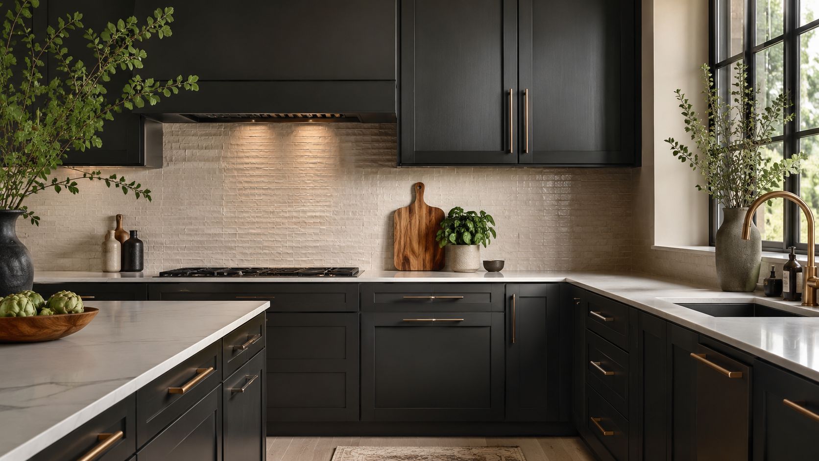 A modern kitchen featuring matte black cabinets with elegant bronze hardware and a white marble countertop.