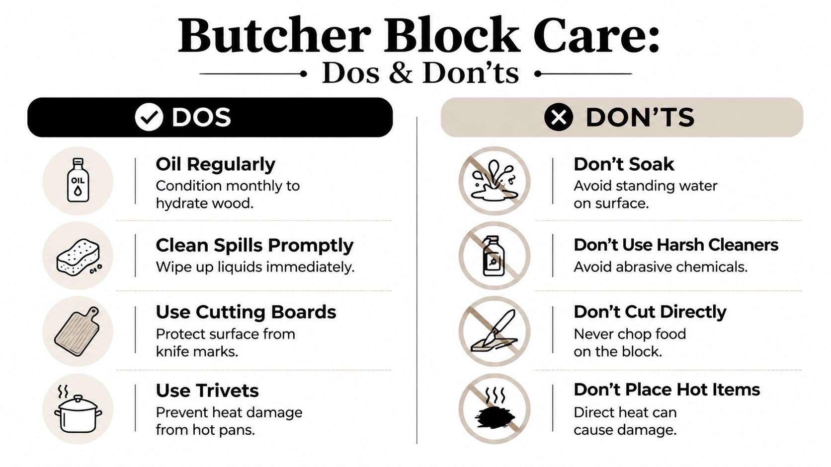 A helpful infographic showing essential tips for maintaining butcher block countertops including dos and don'ts.